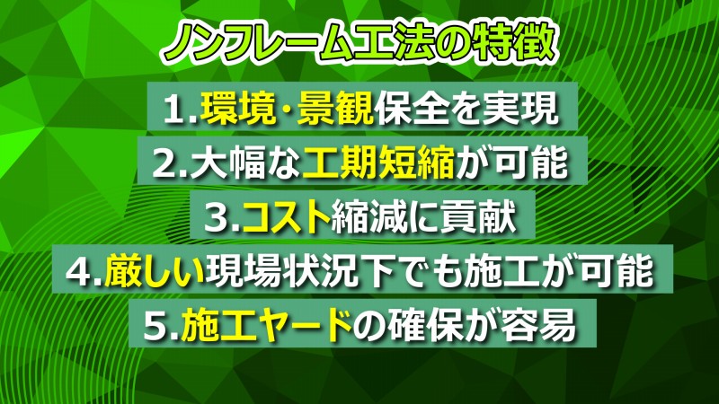 ノンフレーム工法　特徴　環境保全　景観保全　工期短縮　コスト縮減　現場状況　施工ヤード
