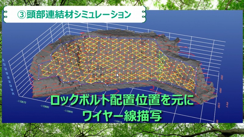 頭部連結材シミュレーション　ワイヤー線　描画　ロックボルト